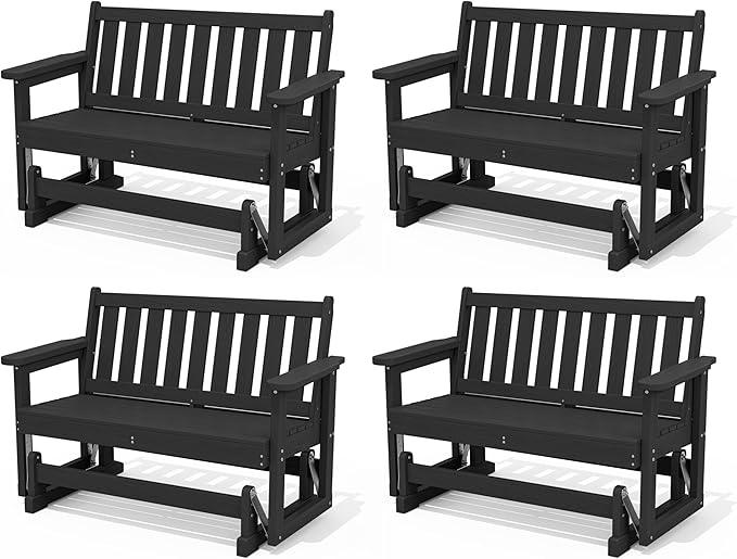 SERWALL Outdoor Glider Bench Set of 4, HDPE Weather-Resistant Swinging Bench for Backyard Garden Porch, Black