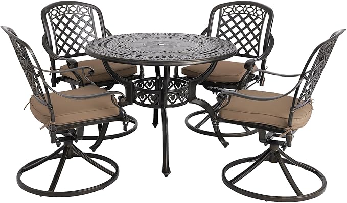 5-Piece Cast Aluminum Outdoor Patio Dining Set, All Weather Cast Aluminum Outdoor Furniture Dining Set for Patio, Balcony, Garden, Backyard w/4 Swivel Chairs & Cushions, 2.0" Umbrella Hole