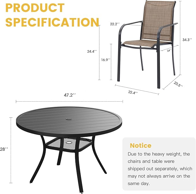 VICLLAX Patio Dining Set for 6, All Weather Metal Outdoor Furniture Set Includes 47" Round Patio Table and 6 Patio Stacking Chairs, Black Tabletop and Brown Fabric
