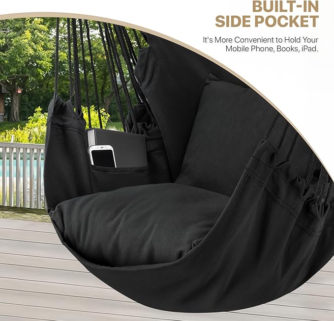 MoNiBloom Hammock Chair Hanging Rope Swing w/2 Cushions, Boho Macrame Hanging Chair Max 350 lbs Capacity w Pocket, Hardware Kit Included, Black