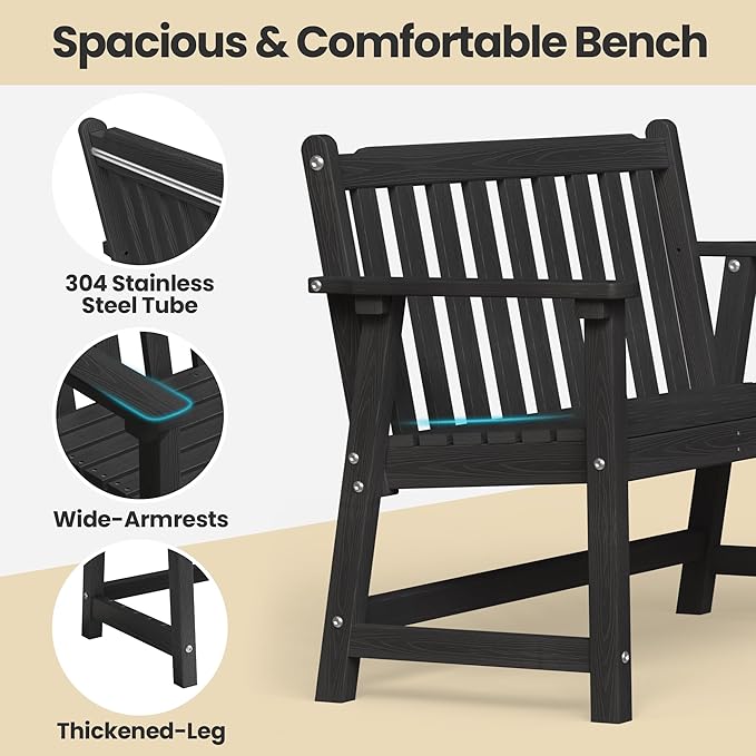 Ciokea 48" Outdoor Bench, HDPE Weatherproof Porch Bench, 2-Person Garden Benches with 550 Lbs, Waterproof Patio Benches for Outside Balcony Deck Backyard, Black