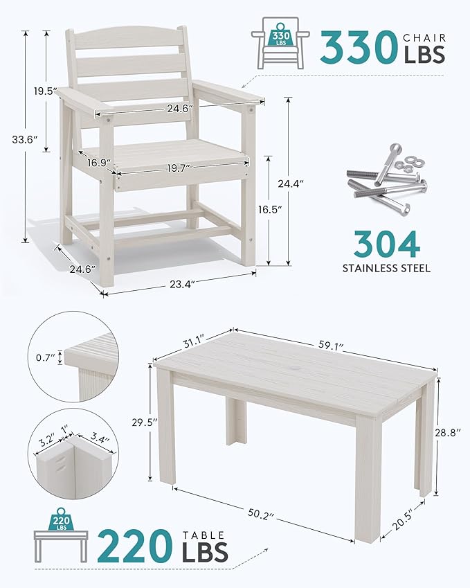 SERWALL Patio Dining Sets for 8, Outdoor Dining Sets for 8 Person with 2 Umbrella Hole Cut-Out Rectangular Tables and 8 Chairs, HDPE Dining Sets for Garden, Backyard, Poolside, White