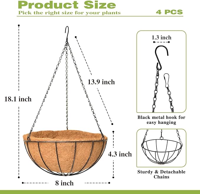 4 Pack 8 Inch Hanging Baskets for Plants Outdoor Metal Hanging Planter Hanging Flower Baskets with Coco Fiber Liners Chain Round Wire Plant Holder Hanging Flower Pots(Watermelon)