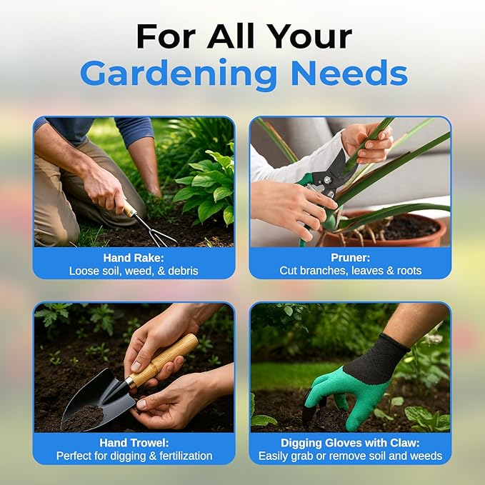 Scuddles Garden Tool Bag with 9 Piece Stainless Steel Gardening Kit | Includes Rust-Resistant Blades, Wooden Handles, Fingertip Claw Gloves & Reinforced Garden Bags | Landscaping and Planting Gift