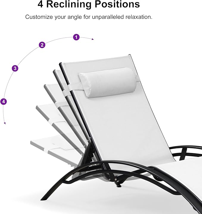 PURPLE LEAF Patio Chaise Lounge Set of 3 Outdoor Lounge Chair Beach Pool Sunbathing Lawn Lounger Recliner Outside Tanning Chairs with Arm for All Weather, Side Table Included, White