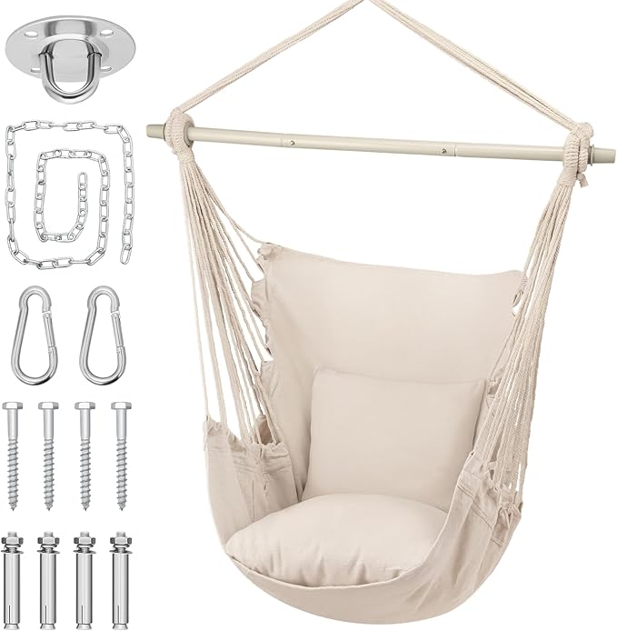 MoNiBloom Hammock Chair Hanging Rope Swing w/2 Cushions, Boho Macrame Hanging Chair Max 350 lbs Capacity w/Side Pocket for Adults Indoor/Outdoor, Living Room Bedroom Comfy Reading Swinging Chair