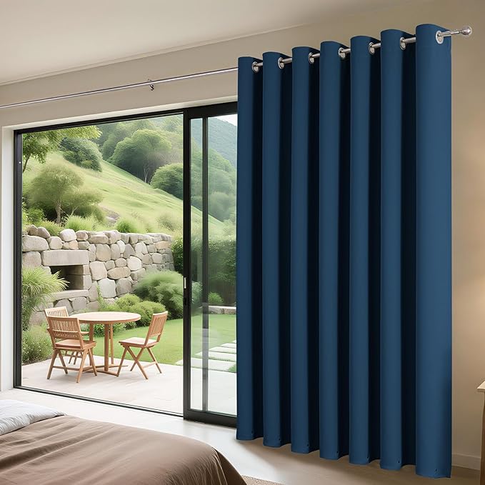Joydeco Blackout Patio Sliding Door Curtains 90 Inches Long, Grommet Privacy Room Divider Curtains, Extra Wide Thermal Blackout Drapes for Bedroom Living Room (Navy Blue, 70Wx90L, 1 Panel)