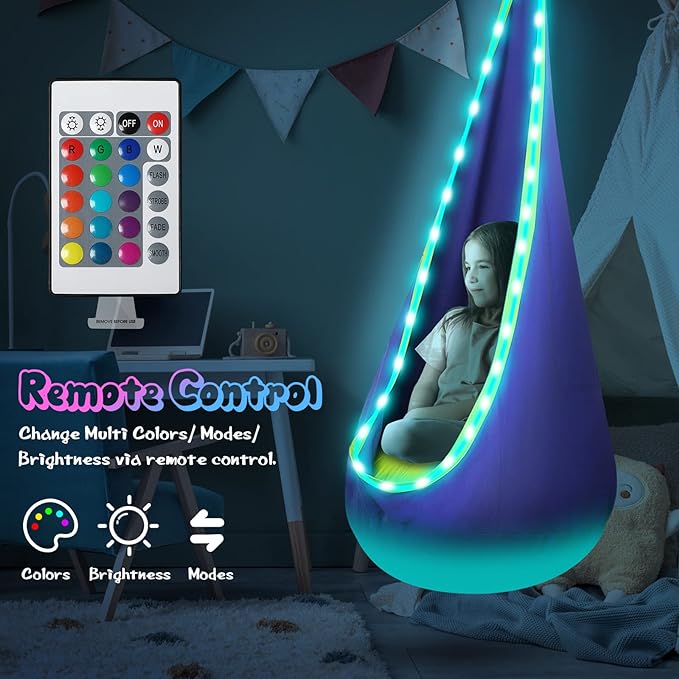 Light Up Kids Pod Swing Seat, Upgraded Kids Hanging Hammock Swing with LED Lights, Cotton Sensory Pod Swing Chair with Inflatable Pillow, Pod Swing for Kids Indoor & Outdoor (1 PCS) (Blue)