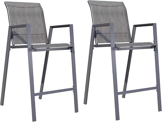 Outdoor Bar Stools Set of 2, 44'' Patio Bar Chairs with Textile High Back, Bar Height Chairs with Straight Armrest and Footrest, Grey