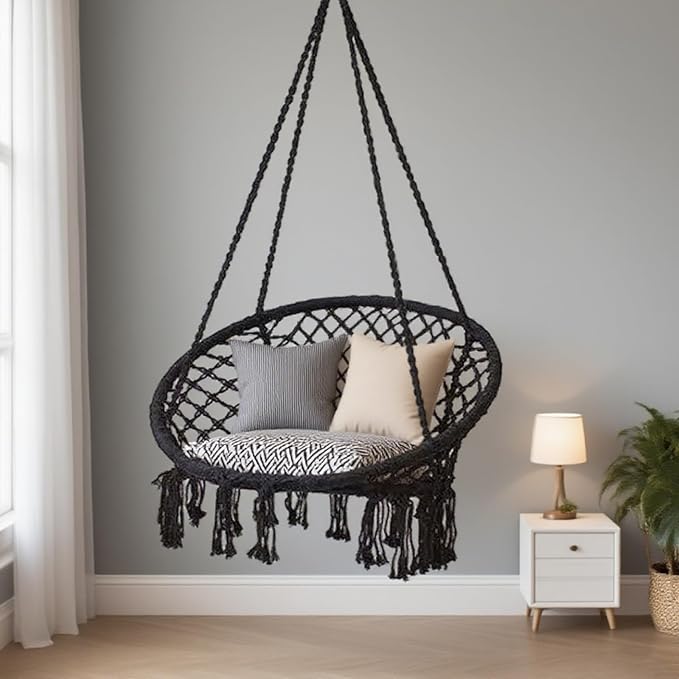 Goutime Hammock Chair, Macrame Hanging Indoor Swing Chairs with Hardware Kit,Adult Boho Swinging Swings for Outside,Patio,Balcony,Bedroom (Black (Pillows are not Included))