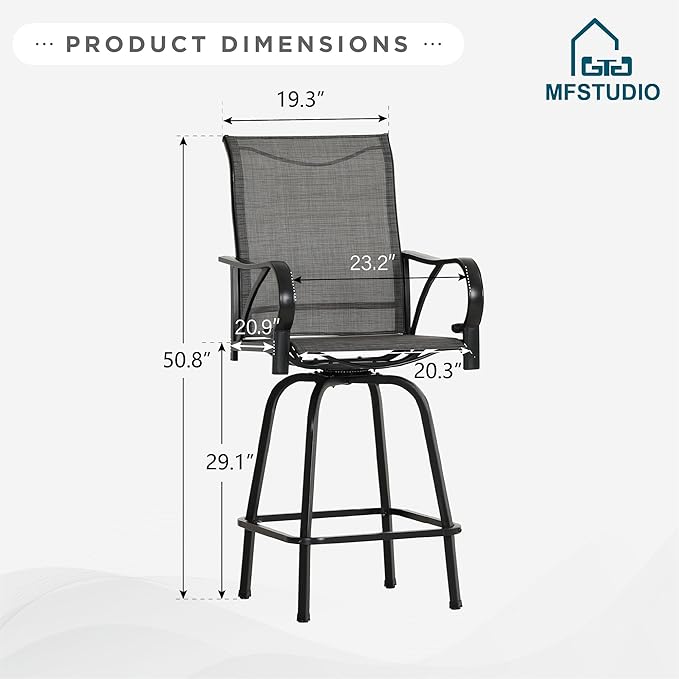 MFSTUDIO Outdoor Bar Stools Set of 4, Swivel Bar Height Patio Chairs Outdoor Barstools High Top Patio Swivel Bar Chairs with Armrest, Breathable Textilene, Grey