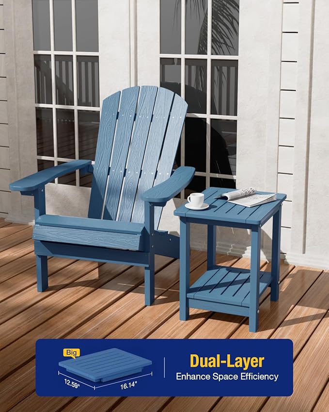 YEFU Outdoor Side Table for Patio: 16" HIPS Weather - Resistant Adirondack Tables - Waterproof Small Square End Tables for Backyard Pool Porch Balcony - Indoor Outdoor Double Layer Table Navy Blue