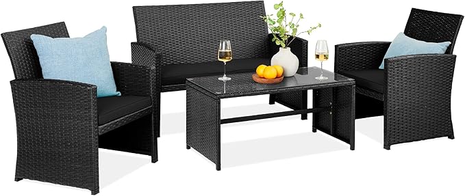 Best Choice Products 4-Piece Outdoor Wicker Patio Conversation Furniture Set for Backyard w/Coffee Table, Seat Cushions - Black/Black