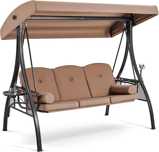 HOMREST 3 Seat Outdoor Porch Swing with 1.5" Deepened Cup Holder, Adjustable Canopy, Patio Swing Bed with Stand, Patio Glider Swing with Thicken Cushions, Pillow for Yard, Garden(Brown)