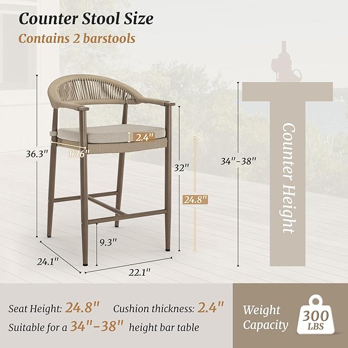 Bar Stools Set of 2, 24.8'' Aluminum Outdoor Bar Stool with Removable Cushion, Boho Rattan BarStools, Olefin Rope Woven Bar Chairs with Footrest for Patio, Garden, Pool, Kitchen, Brown