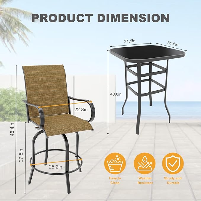 5 Piece Outdoor High Top Bar Set, 5 Pieces Outdoor Swivel Bar Set with 4 Swivel Chairs and Glass Top Table, All Weather Textile Fabric Outdoor Bar Height Chairs and Table Set of 5 for Deck, Backyard