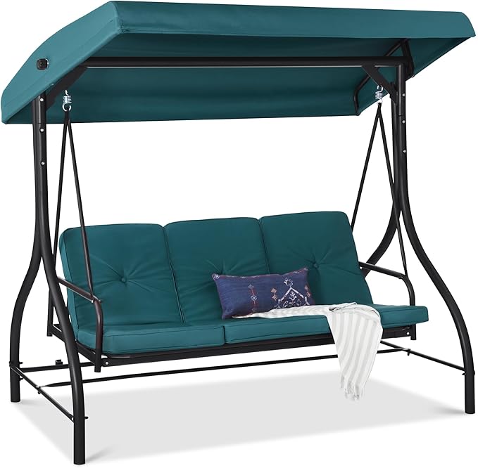Best Choice Products 3-Seat Outdoor Large Converting Canopy Swing Glider, Patio Hammock Lounge Chair for Porch, Backyard w/Flatbed, Adjustable Shade, Removable Cushions - Peacock