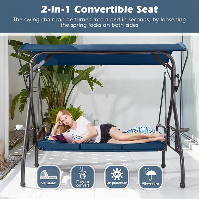 800LBS Patio Swing with Canopy 3 Seat Outdoor Porch Swing with Stand w/Cup Holder & Pillow Glider Chair Swing Bed for Patio Backyard Poolside (Blue)