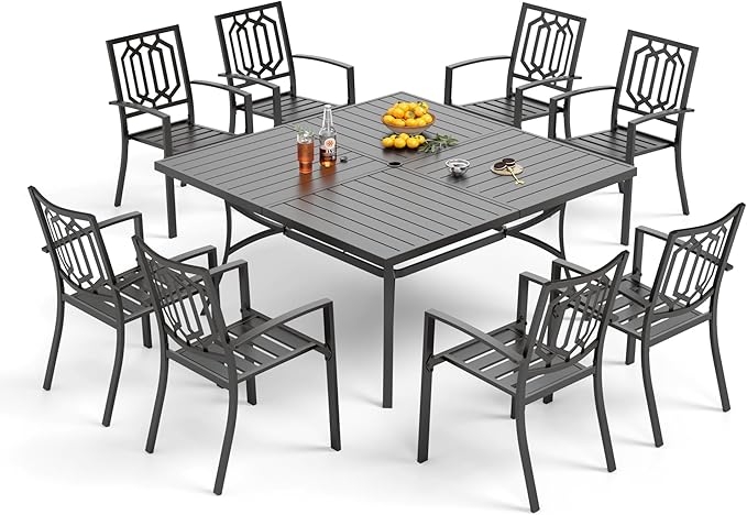 PHI VILLA 9 Pieces Outdoor Dining Set for 8, 60" Black Square Metal Table with Umbrella Hole & Stackable Wrought Iron Chairs, Large Outside Furniture Set for Patio, Deck, Yard, Porch