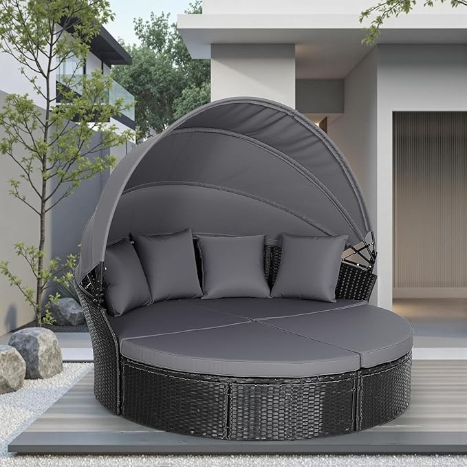 Incbruce Patio Round Daybed with Retractable Canopy, Black Wicker Rattan Sectional Sofa Furniture Set with Separated Cushion Seats for Patio, Porch and Backyard (Black)