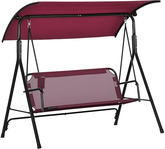 Outsunny 3-Person Porch Swing with Stand, Outdoor Swing for Patio Porch with Adjustable Tilt Canopy and Comfortable Swing Bench-Style Seat, Steel Frame, Wine Red