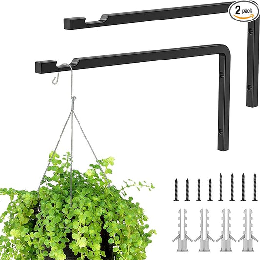 2 Pack 8 Inch Plant Hanger Hooks for Indoor Hanging Plants, Heavy Duty Steel Hanging Plant Brackets Wall Mount Hooks for Hanging Bird Feeders Flower Basket Wind Chime Solar Lanterns Outdoor, Black