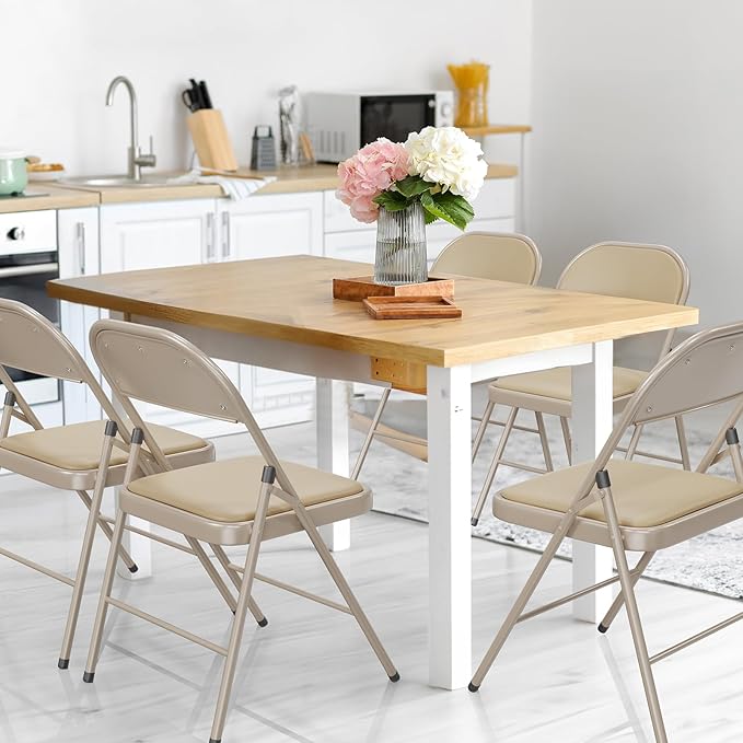 VINGLI 6 Pack Folding Chairs with Padded Seats, Metal Frame with Pu Leather Seat & Back, Capacity 350 lbs, Set of 6, Khaki
