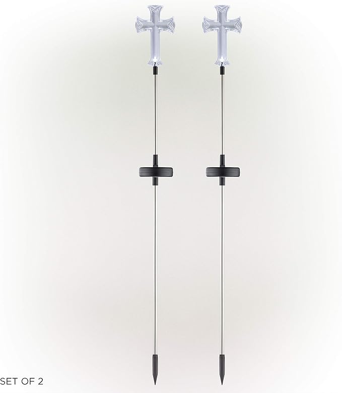Alpine Corporation 34" Tall Outdoor Solar Powered Cross Pathway Light Stakes (Set of 2)