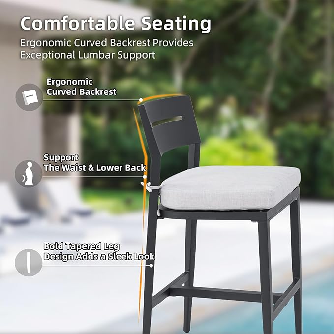 Modern Outdoor Bar Stools Set of 2 Aluminum Tall Patio Chairs with Ergonomic Backrest with Sunbrella Fabric Cushion Weather-Resistant Frame for Garden Poolside
