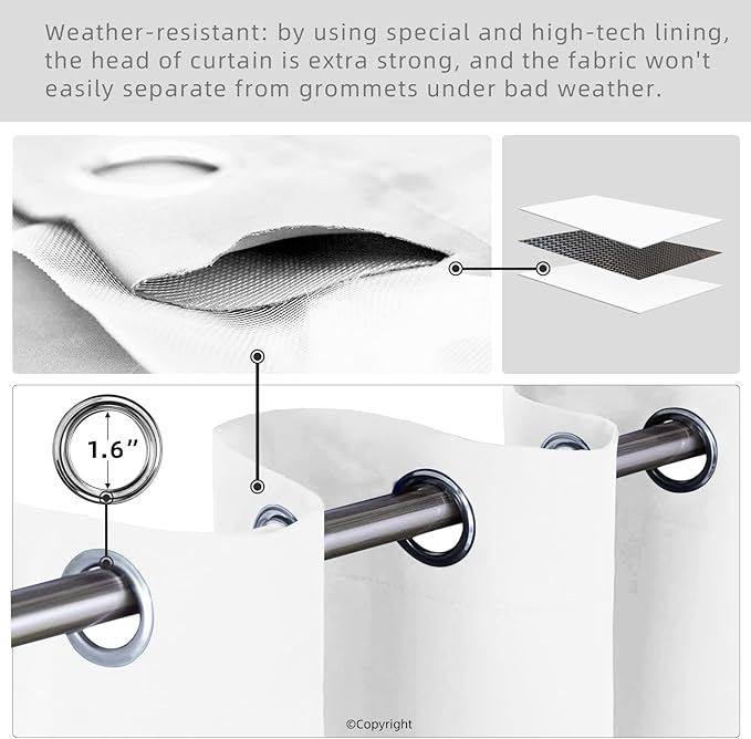 Outdoor Indoor Curtains W52 x L63 for Patio - Weather-resistant Window Panels Privacy Protect Grommet Top Thermal Insulated Home Curtain for Porch Pergola Hot Tub Area (Pure White, 2 Panels)