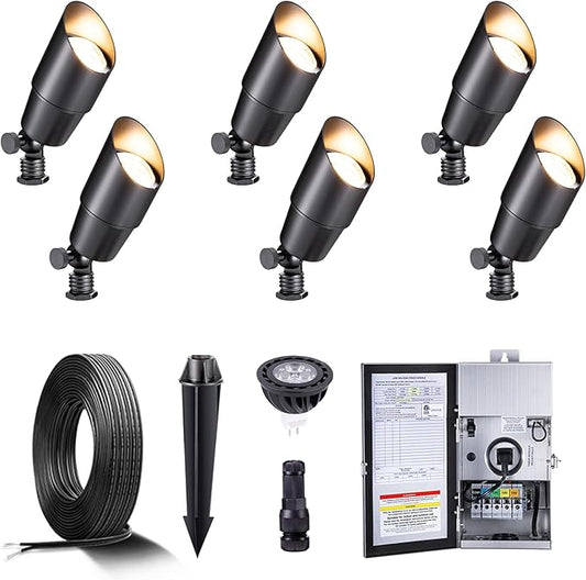Gardenreet Black Brass Low Voltage Landscape Spotlights(6-Pack) Kit 12V LED with Low Voltage Transformer 150W & Mechanical Timer & 100FT Wire & 30Pack Connectors for Outdoor House Garden Patio
