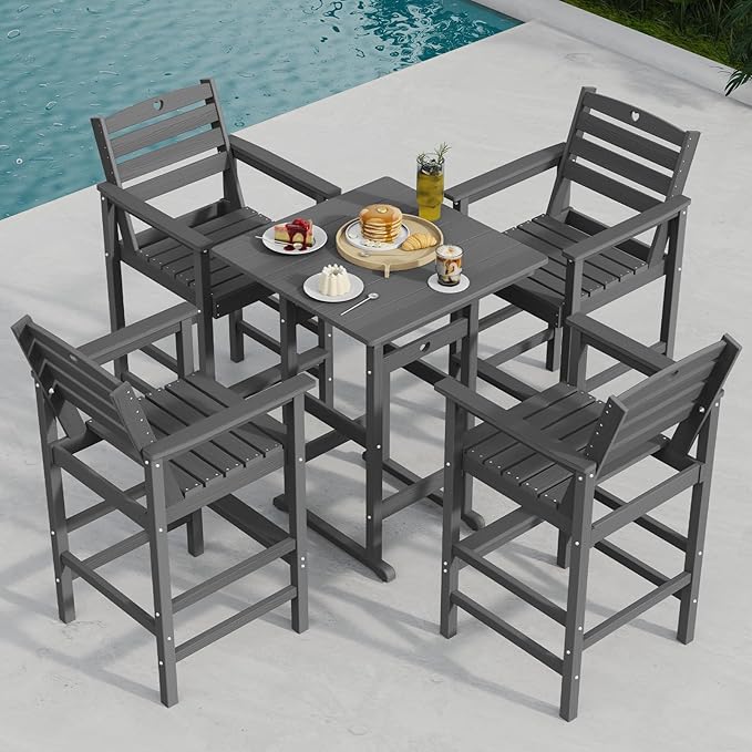 Patio Bar Table,Adirondack Chairs and Table 4 Pieces Set, Bar Height Chairs Set of 4, Outdoor Bar Stools Set,Weather-Resistant Outdoor Furniture for Deck, Balcony, Poolside Easy Assembly