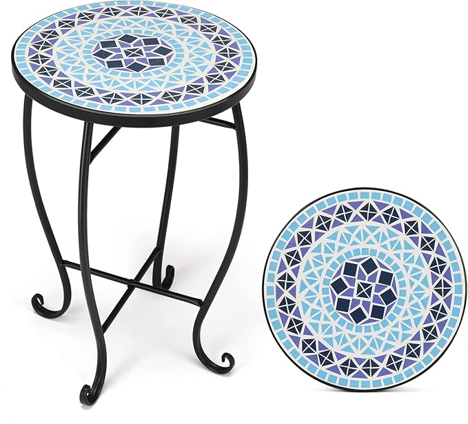 VINGLI Mosaic Accent Table, 14" Round Side Table,End Table, Plant Stand Decor for Patio Porch Beach Theme Balcony Back Deck Pool Indoor Outdoor Coffee, Metal Cobalt Glass Top Black Iron(Blue Ocean)