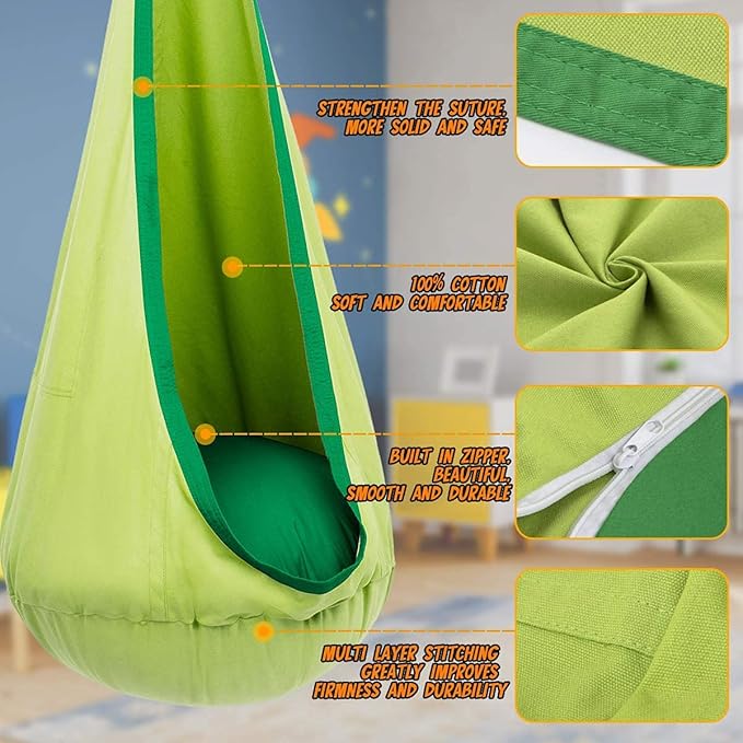 Y-STOP Kids Pod Swing Seat, Hanging Hammock Chair with Inflatable Pillow, Sensory Swing Chair with Pocket for Indoor and Outdoor(Green)