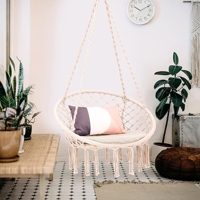 Giantex Hammock Chair Macrame Swing - Hanging Chair with Cushion and Hardware Kit, 330 LBS Weight Capacity, Indoor Swing for Hammock Stand, Patio, Balcony, Living Room Hammock Swing (Beige)