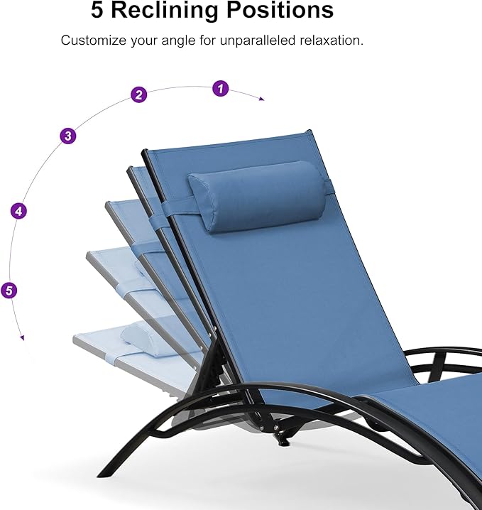 PURPLE LEAF Patio Oversized Chaise Lounge Chair Set with Side Table Pool Adjustable Recliner Chairs for Outside Beach Outdoor Sunbathing Tanning Poolside Lounger Chair, Indigo