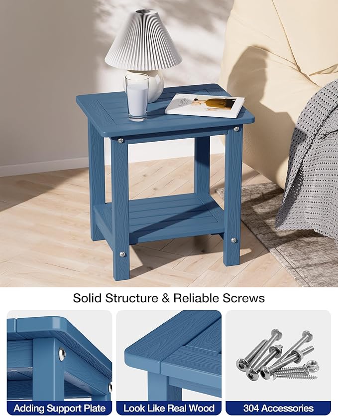 YEFU Outdoor Side Table for Patio: 16" HIPS Weather - Resistant Adirondack Tables Set of 2 - Small Square End Tables for Backyard Pool Porch Balcony - Indoor Outdoor Double Layer Table Navy Blue Blue