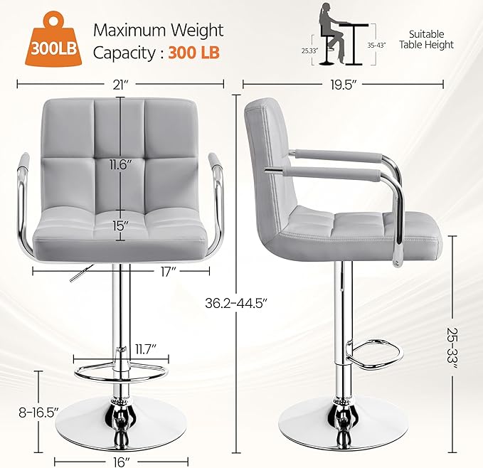 Yaheetech Bar Stools Set of 2, PU Leather Adjustable Swivel Barstools, Hydraulic Kitchen Counter Height Bar Chairs with Armrest and Back for Kitchen, Dining Room, Light Grey