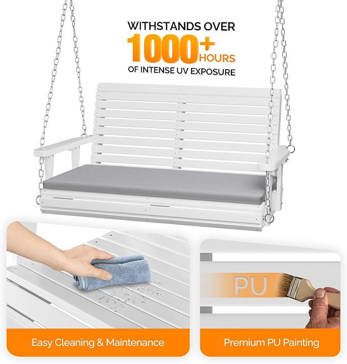 VINGLI Wooden Porch Swing, Heavy Duty 880 LBS Hanging Patio Bench with Extra Cushion for Lawn| Garden| Courtyard (White, 4 feet)