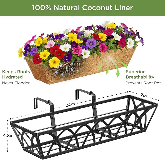 Y&M 24 Inch Window Deck with Coco Liner, Fence Metal Hanging Flower Planter Window Basket Deck Railing Planter Boxes for Outdoor Garden Lawn,6pcs