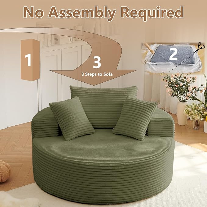 Oversized Round Chair Lounge Chaise Indoor, Upholstered Corduroy Deep Seat Cloud Large Circle Sofa Chair, No Assembly Required, Fluffy Modern Sleeper Sofa Bed for Reading, Living Room, Light Green