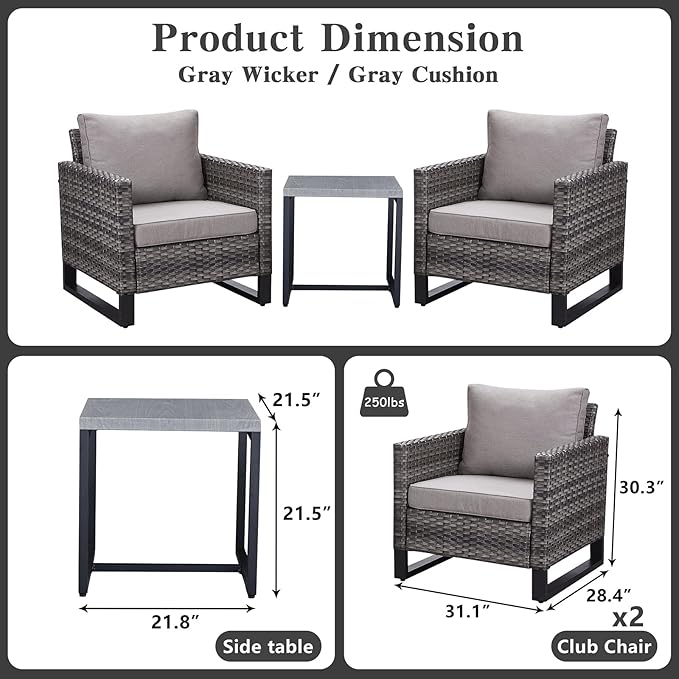 Belord Outdoor Bistro Set 3 Piece Outdoor Wicker Patio Chairs, Oversize Outdoor Rattan Seating Set, All-Weather Chairs Wicker Furniture with Metal Side Table and Water-Resistant Cushion for Outside