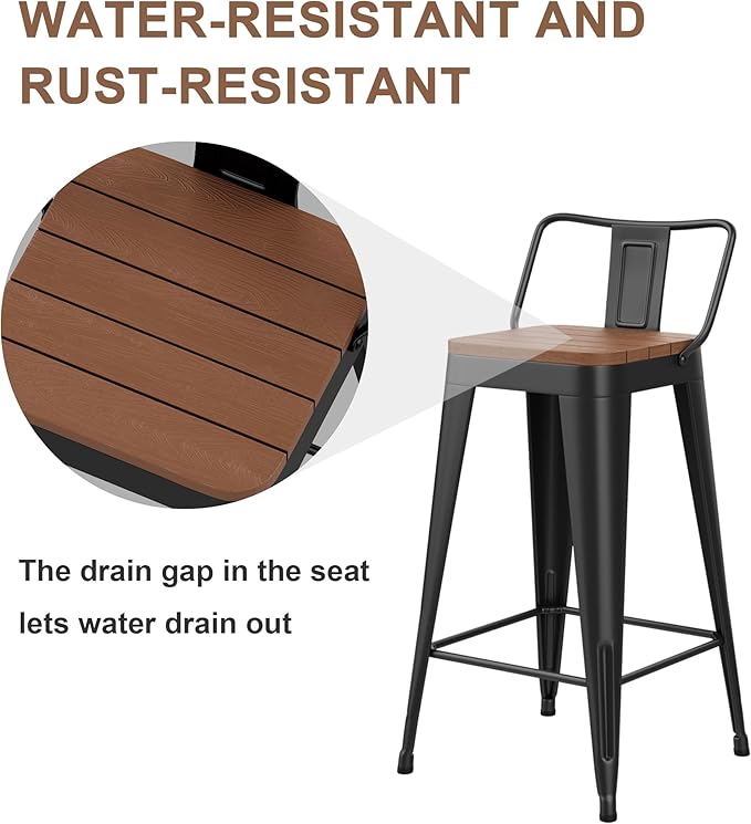 HAOBO Home 26" Outdoor Barstools Patio Stool Metal Bar Stools Set of 4 Counter Height Barstools with Wood Plastic Seat Industrial Bar Chairs Metal Kitchen Stools