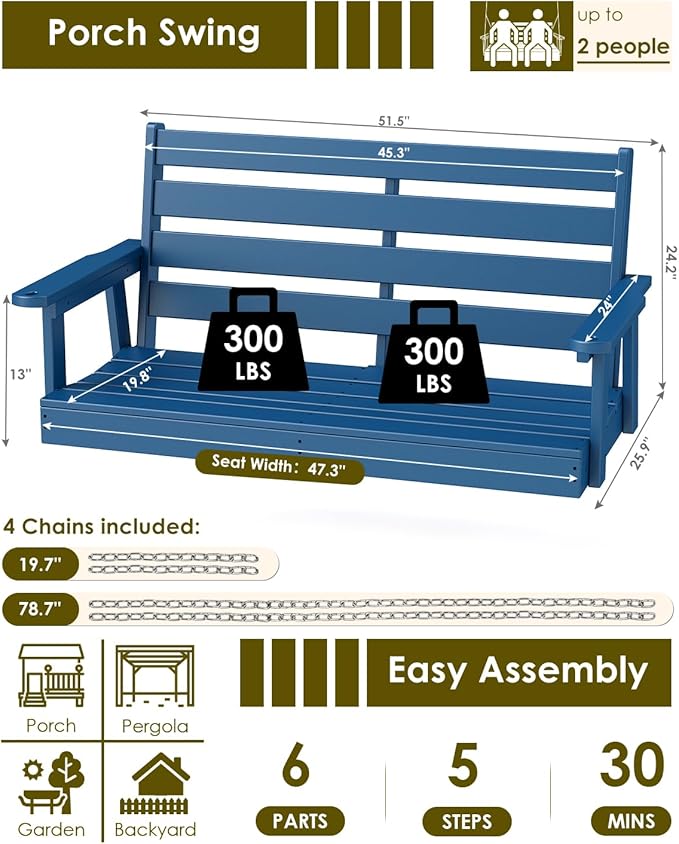 GREENVINES Porch Swing | 51’’ | HDPE Plastic | for Outdoor Patio | All Weather | Waterproof Bench Swings | w/ 4 Stainless Steel Chains | Blue