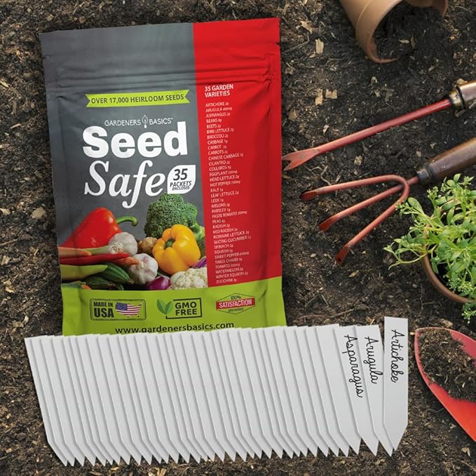 Gardeners Basics Seed Safe Kit - 35 Easy to Grow Heirloom Vegetable Seeds for Beginners - Non GMO Garden Starter Set with 17,000+ Seeds - Gardening Gift for Families