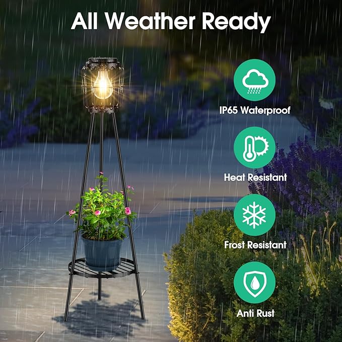 2 Pack Solar Lights with Plant Stand, Outdoor Floor Lamp, Waterproof Solar LED Edison Bulb Floor Lamps for Patio Porch Deck Yard Garden Decor