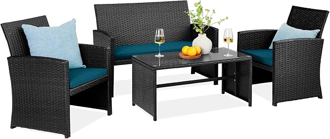 Best Choice Products 4-Piece Outdoor Wicker Patio Conversation Furniture Set for Backyard w/Coffee Table, Seat Cushions - Black/Peacock
