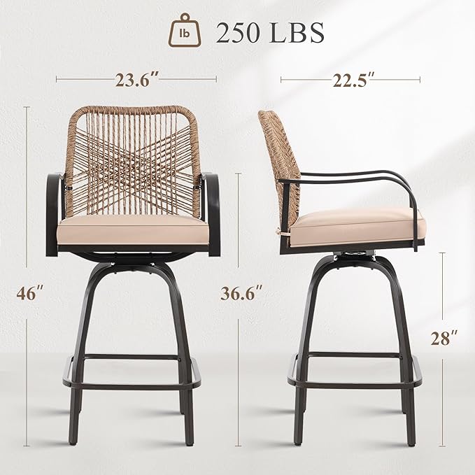 Outdoor Bar Stools Set of 6, 360° Swivel Metal Frame, Wicker Patio Bar Height Stools with Cushion, All-Weather Rattan Chair Design for Patio Backyard, Lawn Garden, Balcony, Poolside