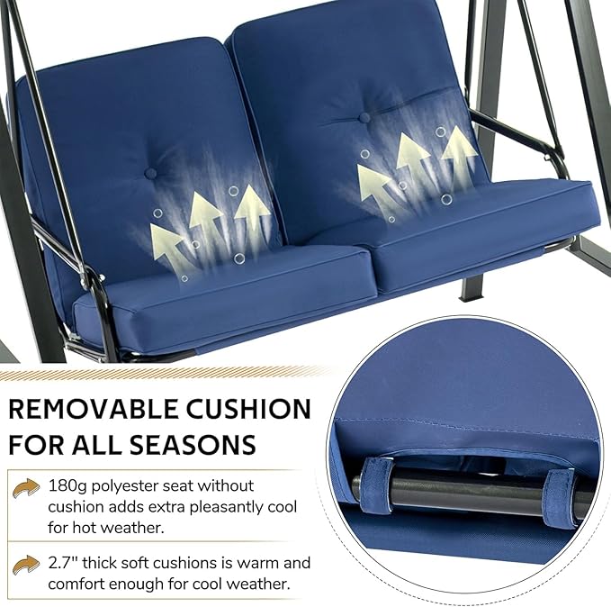 AECOJOY 2-Seat Outdoor Patio Swing Chair with Adjustable Canopy, Porch Swings Chairs for Adult, Outside Swing Bench with Removable Cushion, Suitable for Backyard, Garden, Yard, Poolside, Balcon, Blue