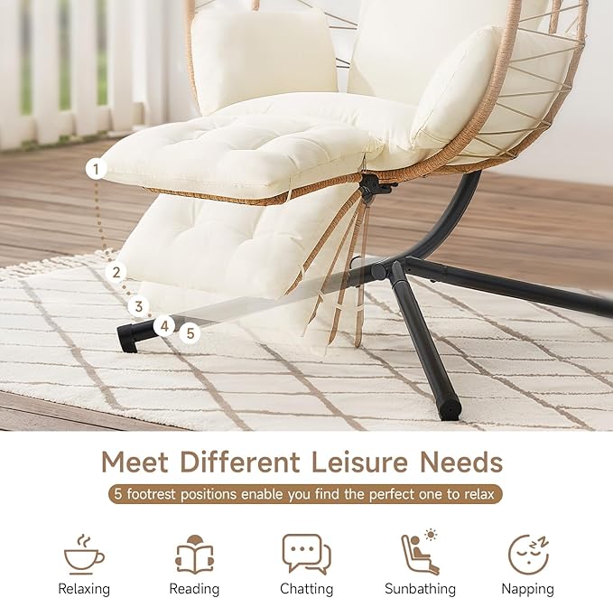 ONBRILL Hanging Egg Chair with Adjustable Footrest & Stand, Wicker Rattan Swing Hammock Chair with Cushion & Double Chains, 350LBS Capacity for Outdoor & Indoor Patio, Deck, Bedroom, Balcony (YE-BE)